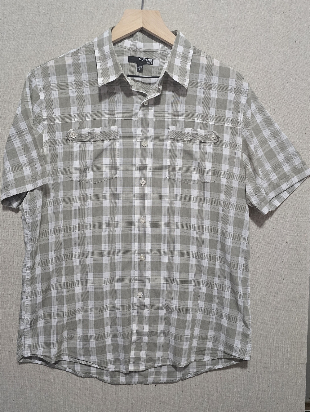 Murano Men’s Large Plaid Short Sleeve Button Up Tan Beige Cotton Fitted Shirt